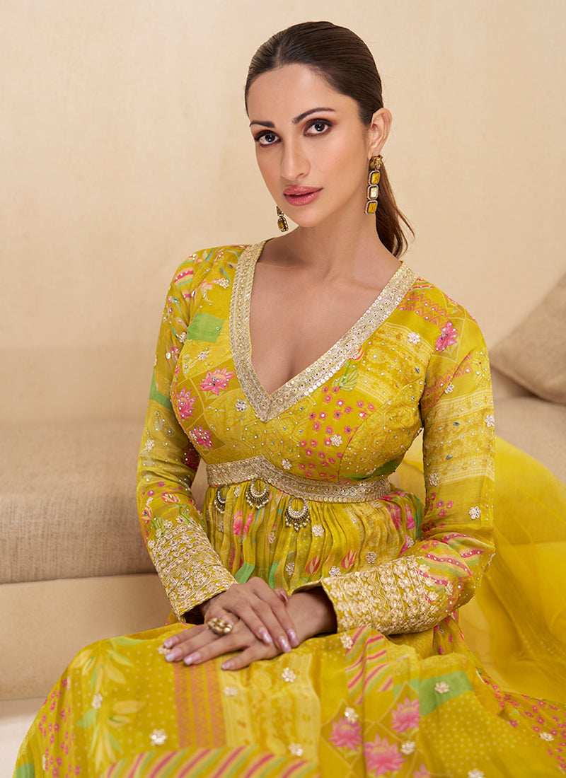 Yellow Digital Printed Embroidered Anarkali Gown Dress