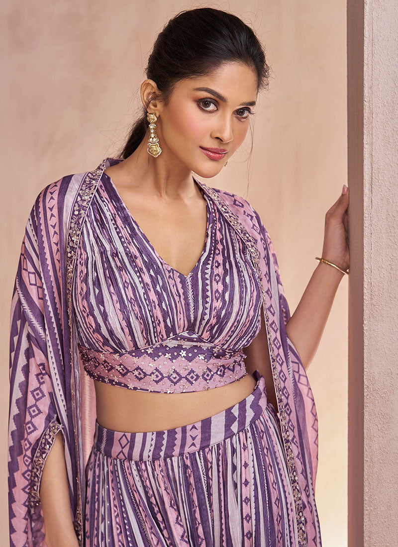 Purple Sequence Embroidery Cape Style Palazzo