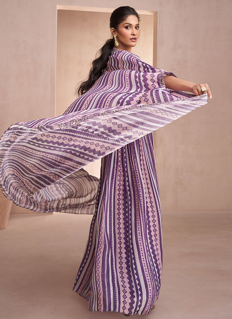 Purple Sequence Embroidery Cape Style Palazzo