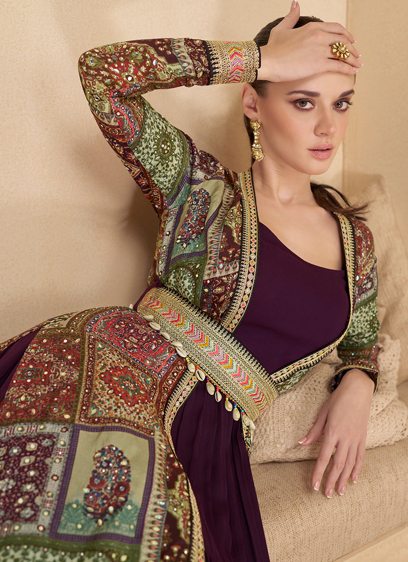 Royal Purple Embroidered Jacket Style Anarkali Gown