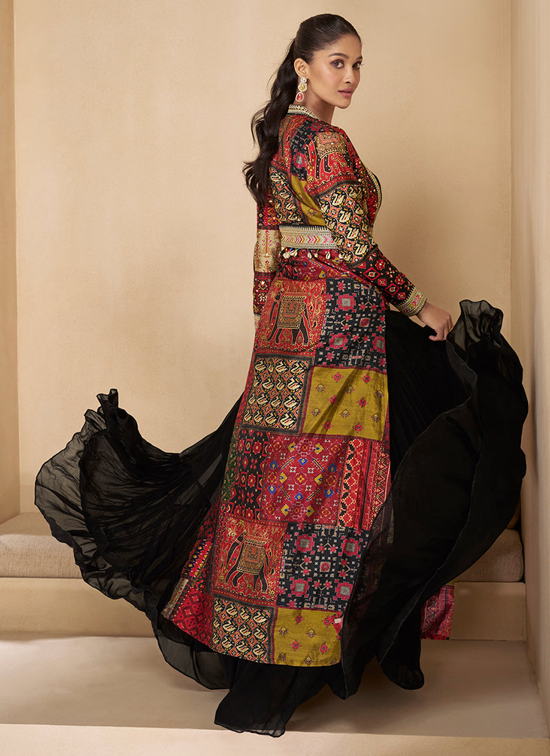 Black And Red Embroidered Jacket Style Anarkali Gown