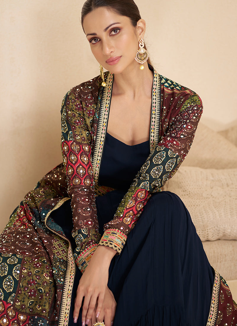 Black Multicoloured Embroidered Jacket Style Anarkali Gown