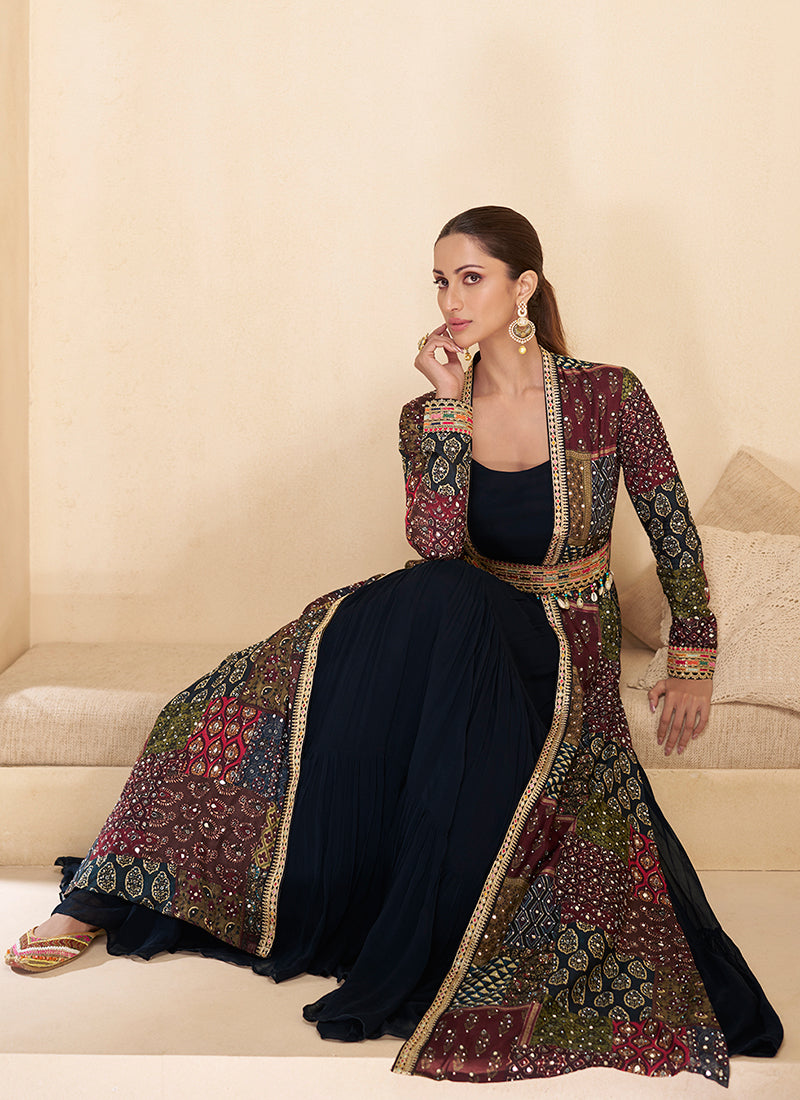 Black Multicoloured Embroidered Jacket Style Anarkali Gown