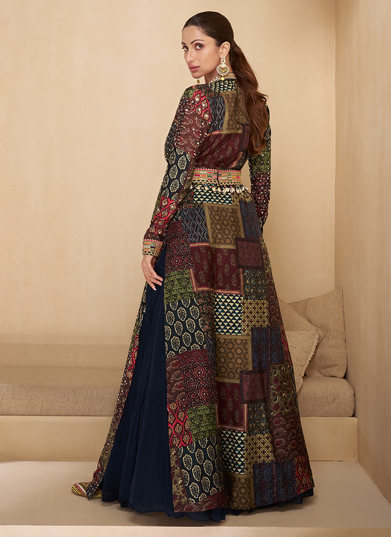 Black Multicoloured Embroidered Jacket Style Anarkali Gown