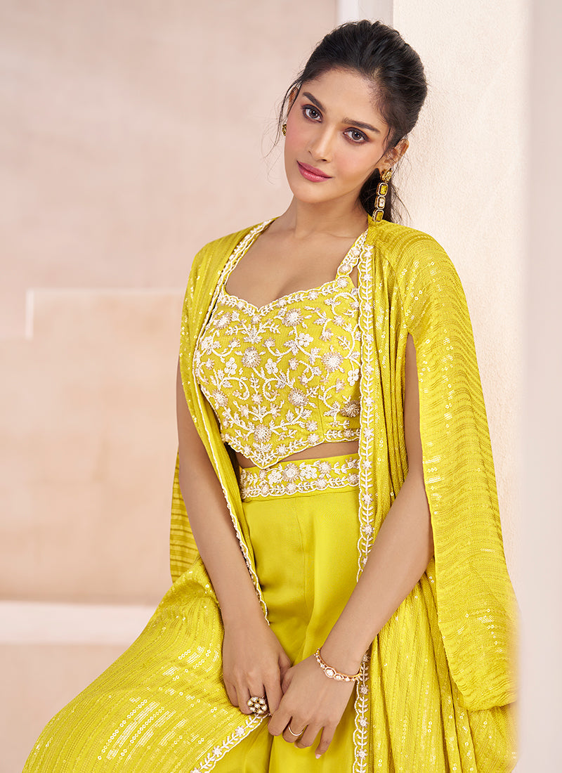 Yellow Handwork Embroidery Cape Style Palazzo Set