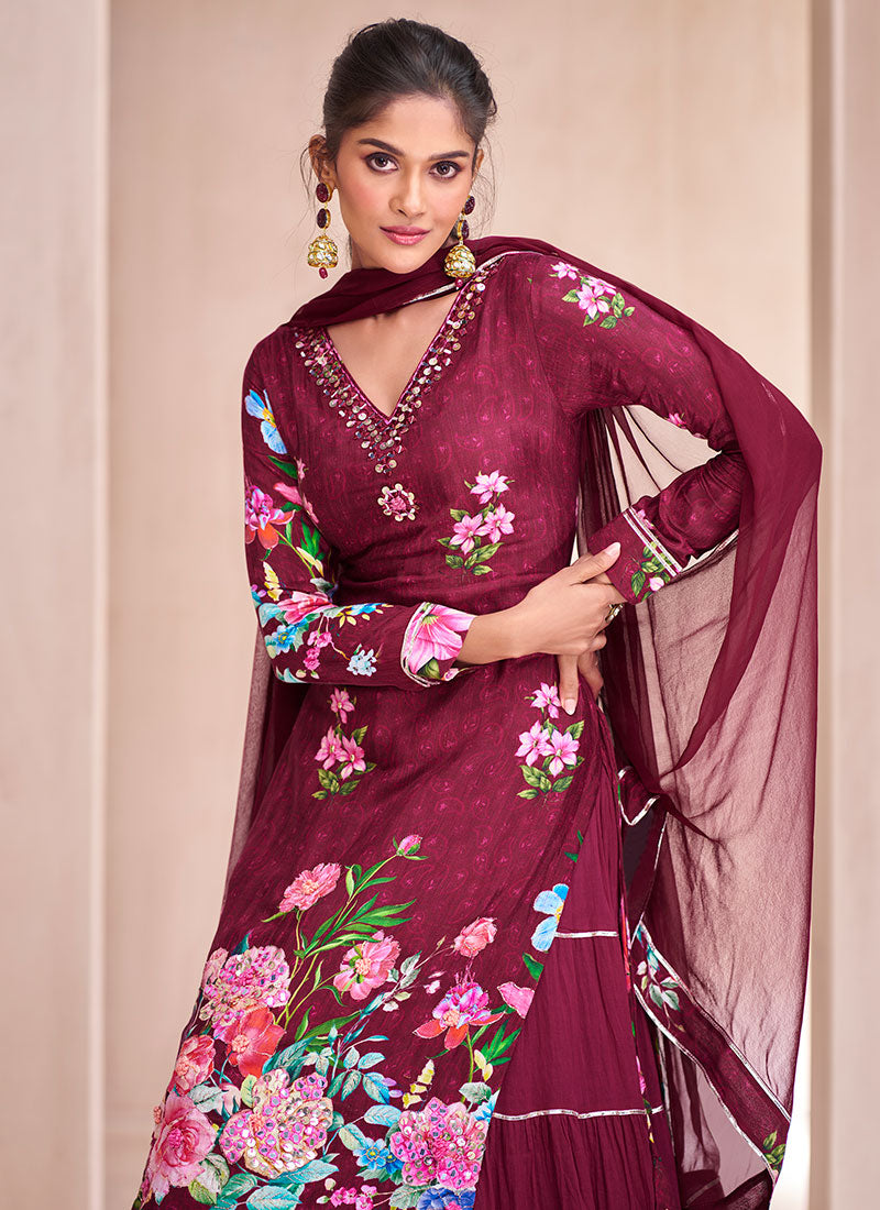 Maroon Multi Embroidery Printed Lehenga Kurti