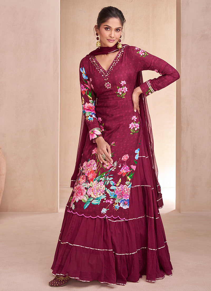 Maroon Multi Embroidery Printed Lehenga Kurti