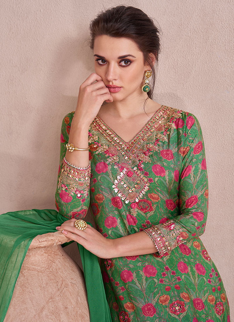 Green Multi Embroidery Printed Lehenga Kurti