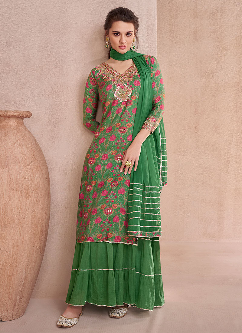 Green Multi Embroidery Printed Lehenga Kurti