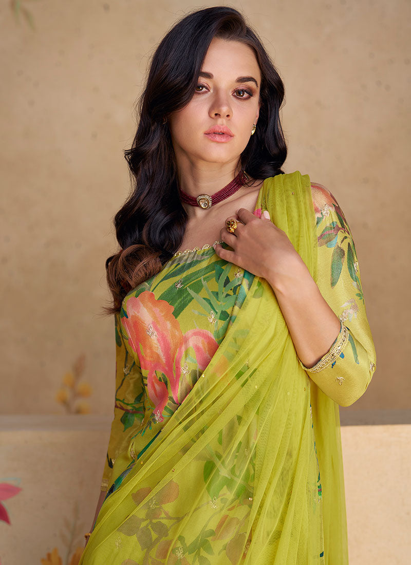 Lime Green Embroidered Printed Palazzo Suit