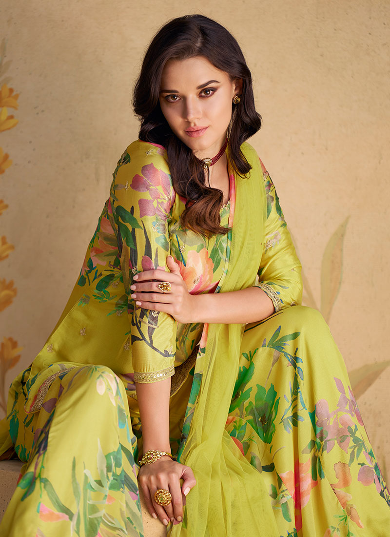 Lime Green Embroidered Printed Palazzo Suit