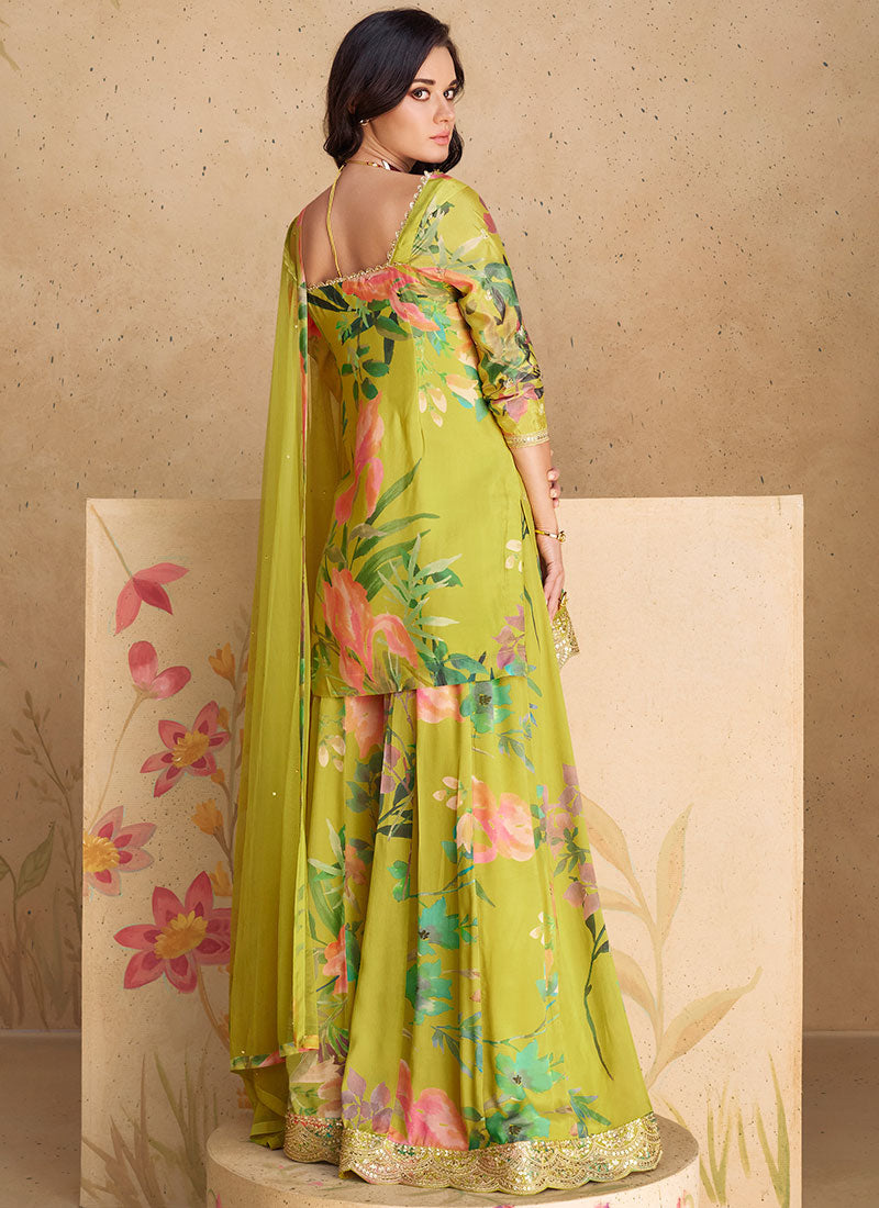 Lime Green Embroidered Printed Palazzo Suit