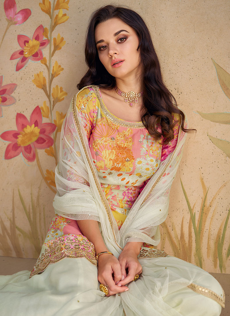 Off White Multicoloured Sequence Embroidered Printed Palazzo Suit