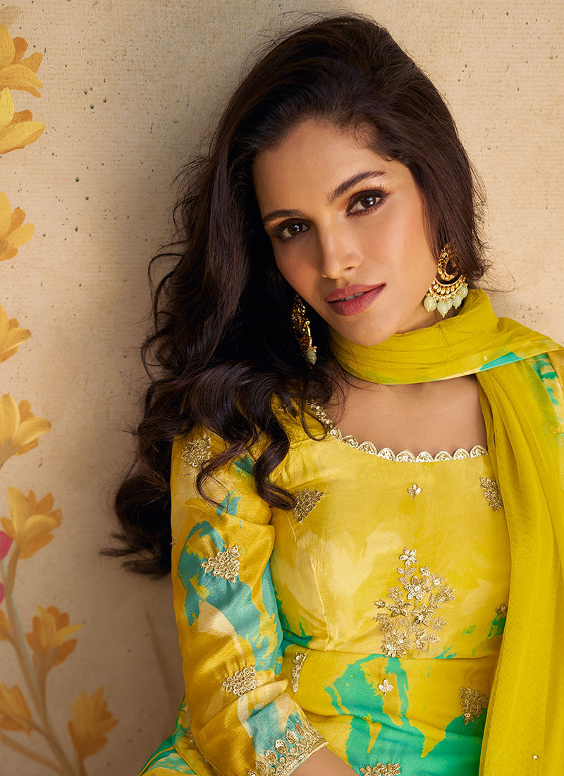 Yellow And Green Sequence Embroidery Printed Palazzo Suit