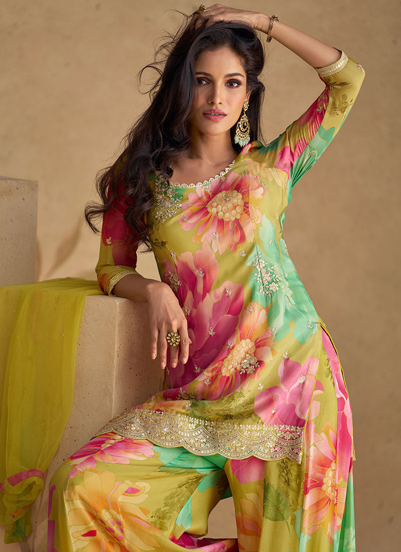 Yellow Multicoloured Sequence Embroidery Printed Palazzo Suit