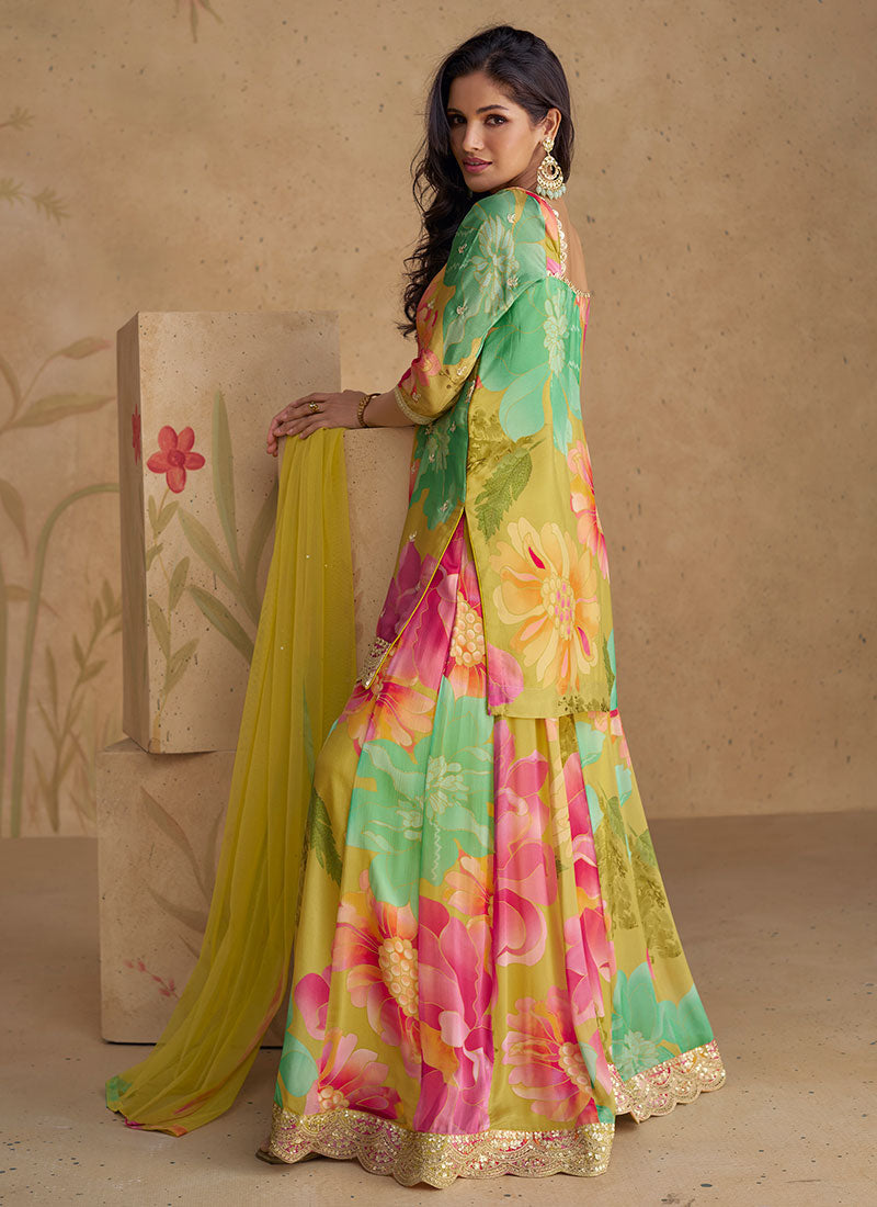 Yellow Multicoloured Sequence Embroidery Printed Palazzo Suit