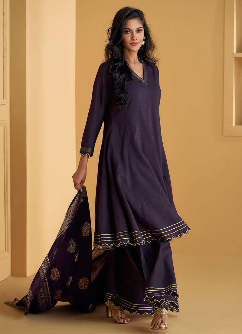 Deep Purple Embroidery Short Anarkali Style Palazzo Suit