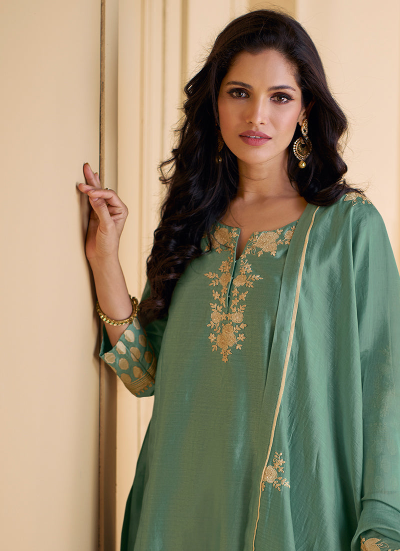 Green Embroidered Party Wear Pant Style Suit