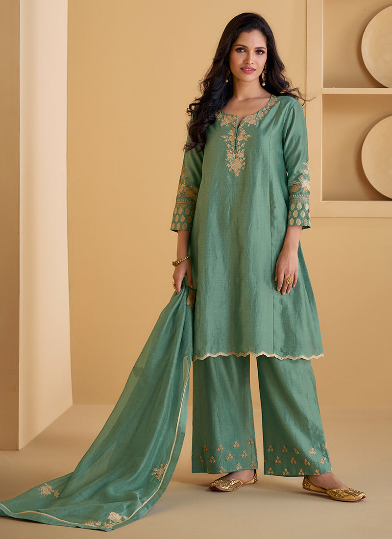 Green Embroidered Party Wear Pant Style Suit