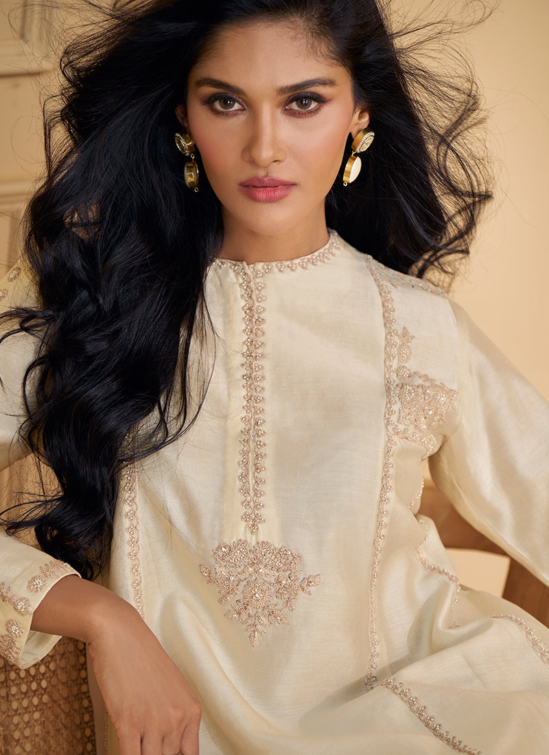 Pearl White Embroidered Party Wear Palazzo Suit