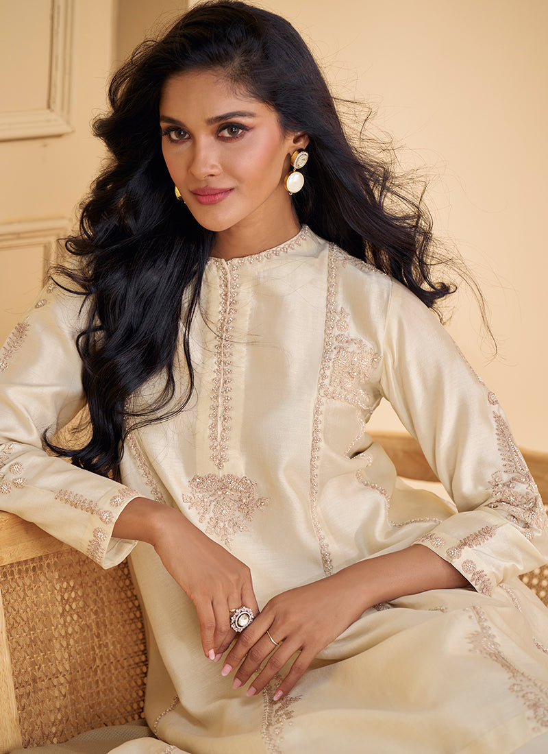 Pearl White Embroidered Party Wear Palazzo Suit