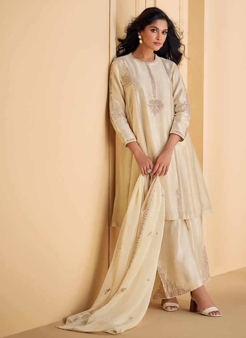 Pearl White Embroidered Party Wear Palazzo Suit