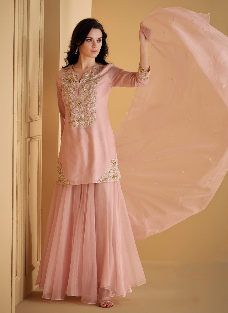 Pink Embroidered Party Wear Sharara Suit