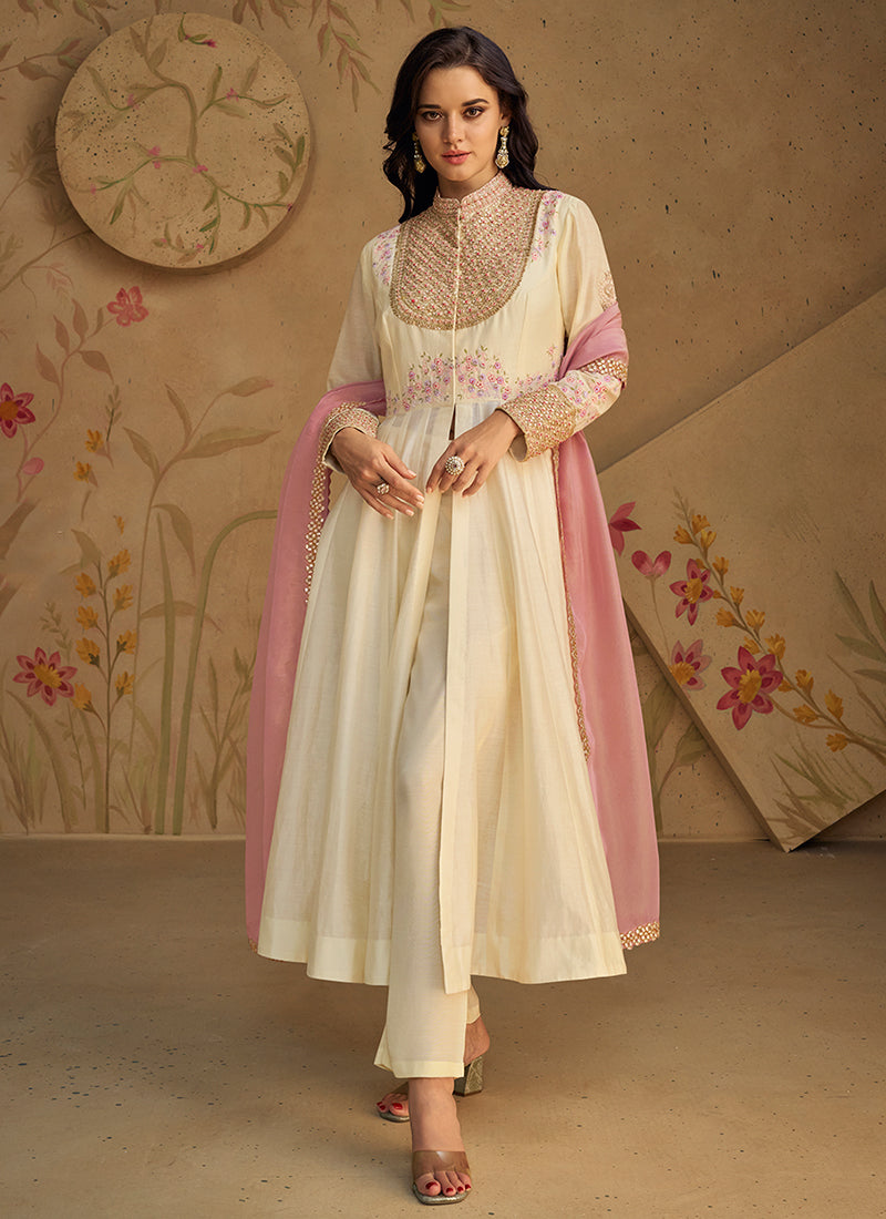 Off White Multi Embroidery Slit Style Short Anarkali Pant Suit