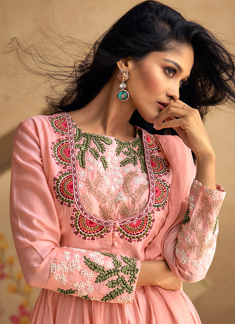 Light Pink Multi Short Embroidery Anarkali Pant Style Suit