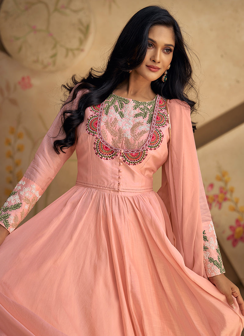 Light Pink Multi Short Embroidery Anarkali Pant Style Suit