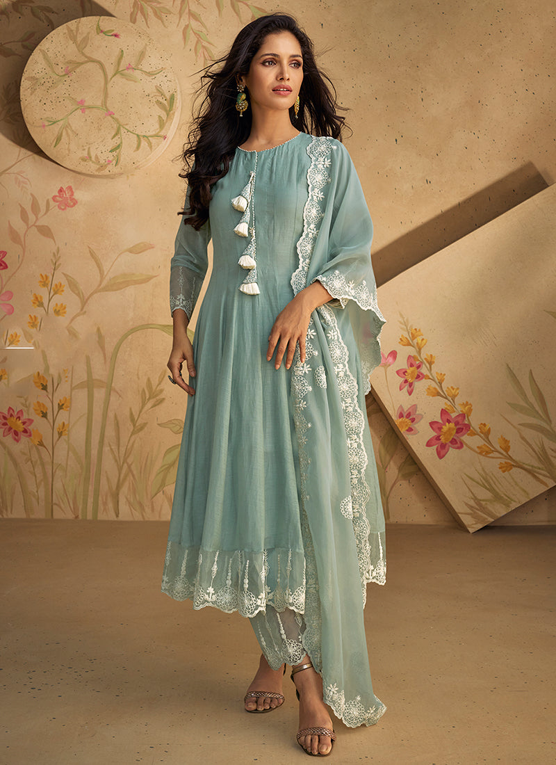 Pastel Blue White Short Embroidery Anarkali Pant Style Suit