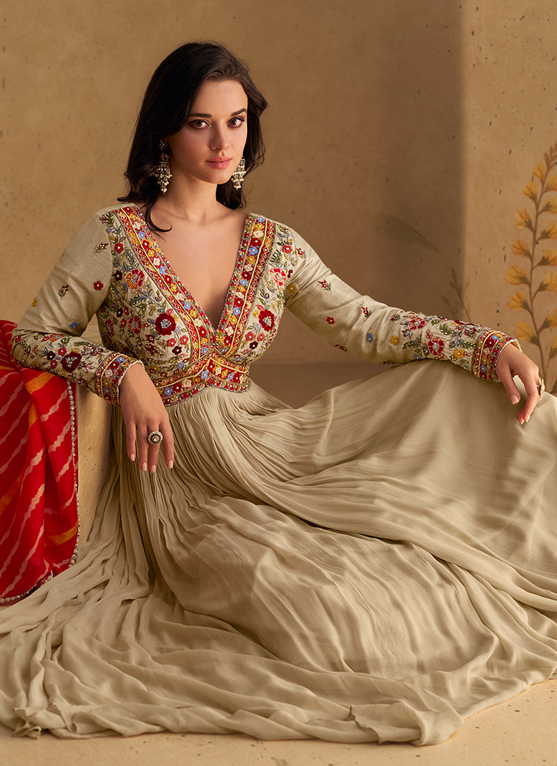 Beige and Red Handwork Embroidered Anarkali Gown Dress