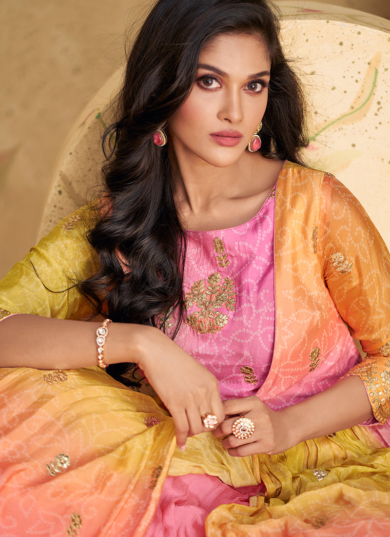 Pink And Yellow Ombré Embroidered Jacket Style Anarkali Dress