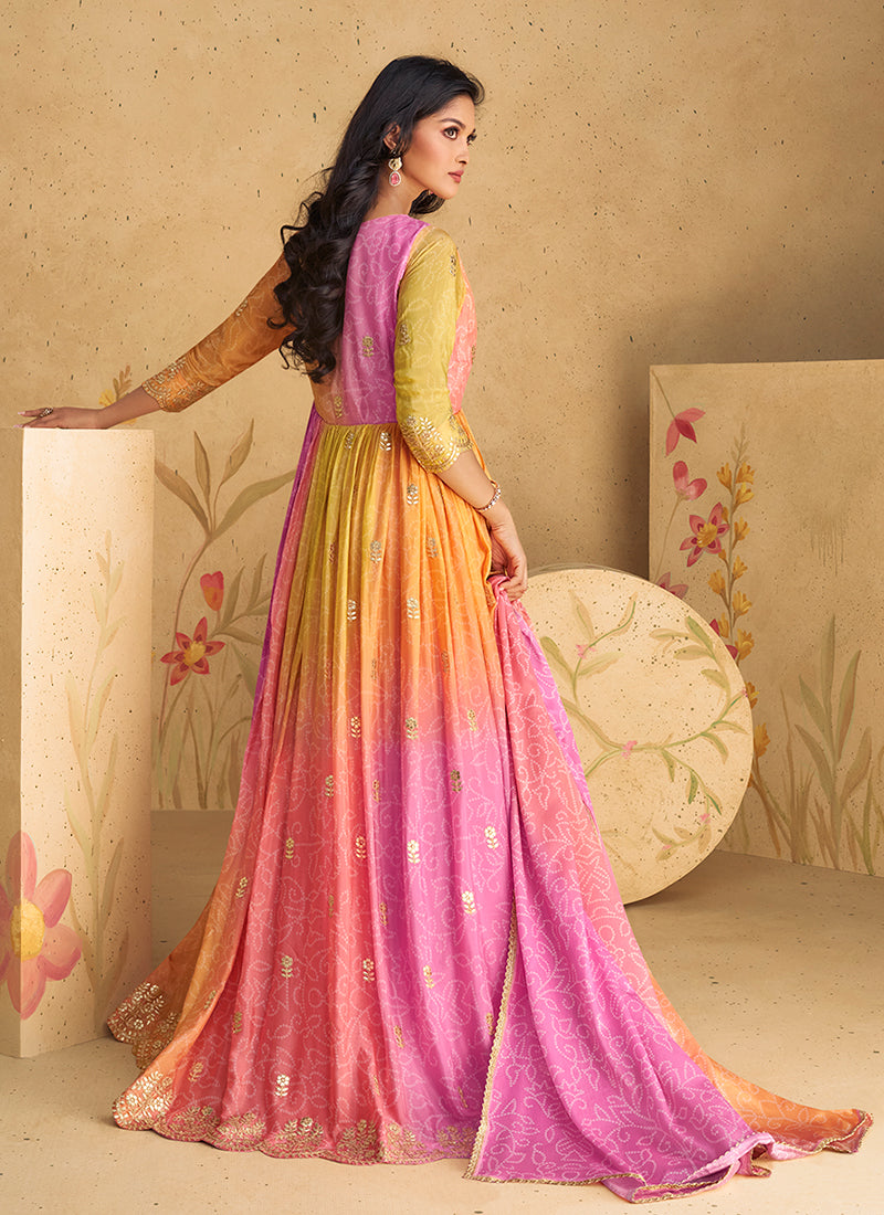 Pink And Yellow Ombré Embroidered Jacket Style Anarkali Dress