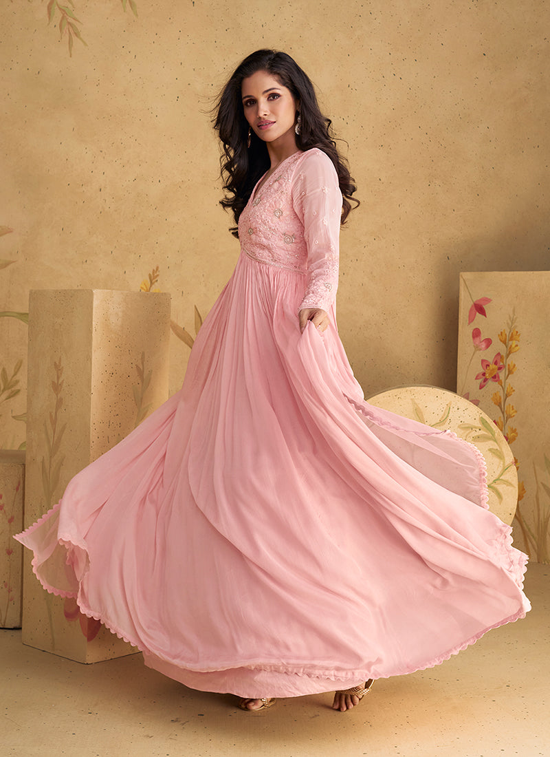 Blush Pink Handwork Embroidered Anarkali Gown Dress