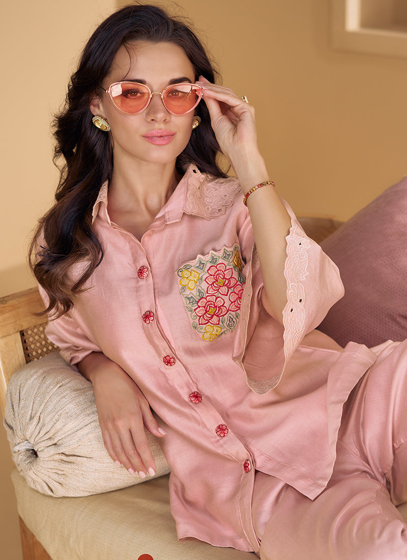 Soft Pink Floral Designer Embroidery Co-Ord Set