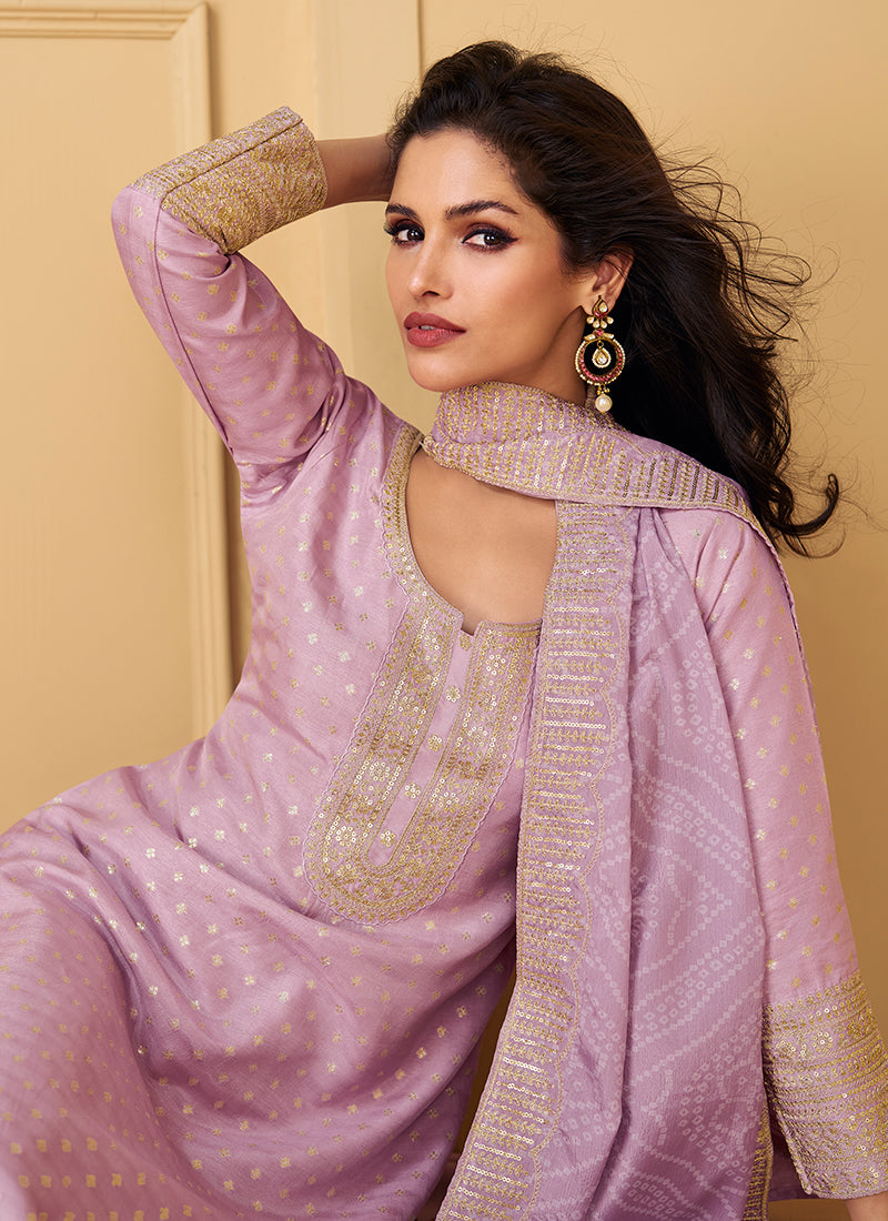 Lilac Purple Traditional Embroidery Silk Salwar Kameez Suit