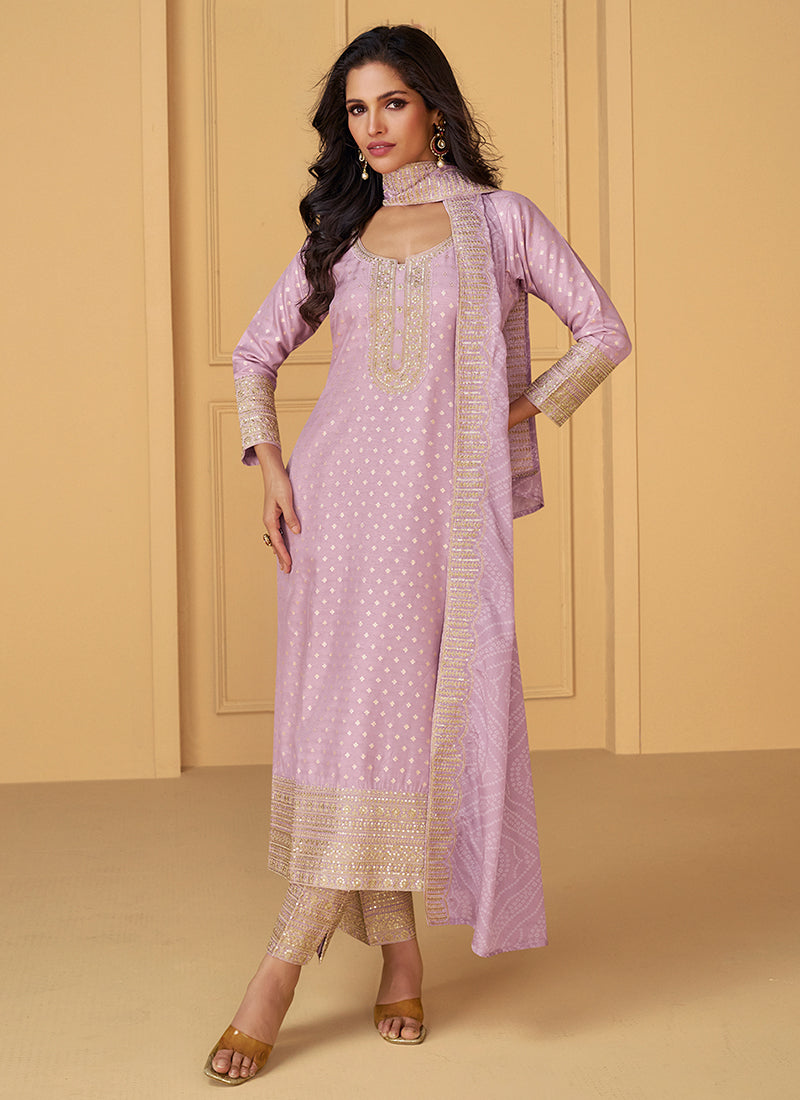 Lilac Purple Traditional Embroidery Silk Salwar Kameez Suit