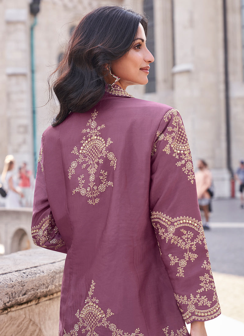 Mauve Embroidered Jacket Style Designer Palazzo Suit