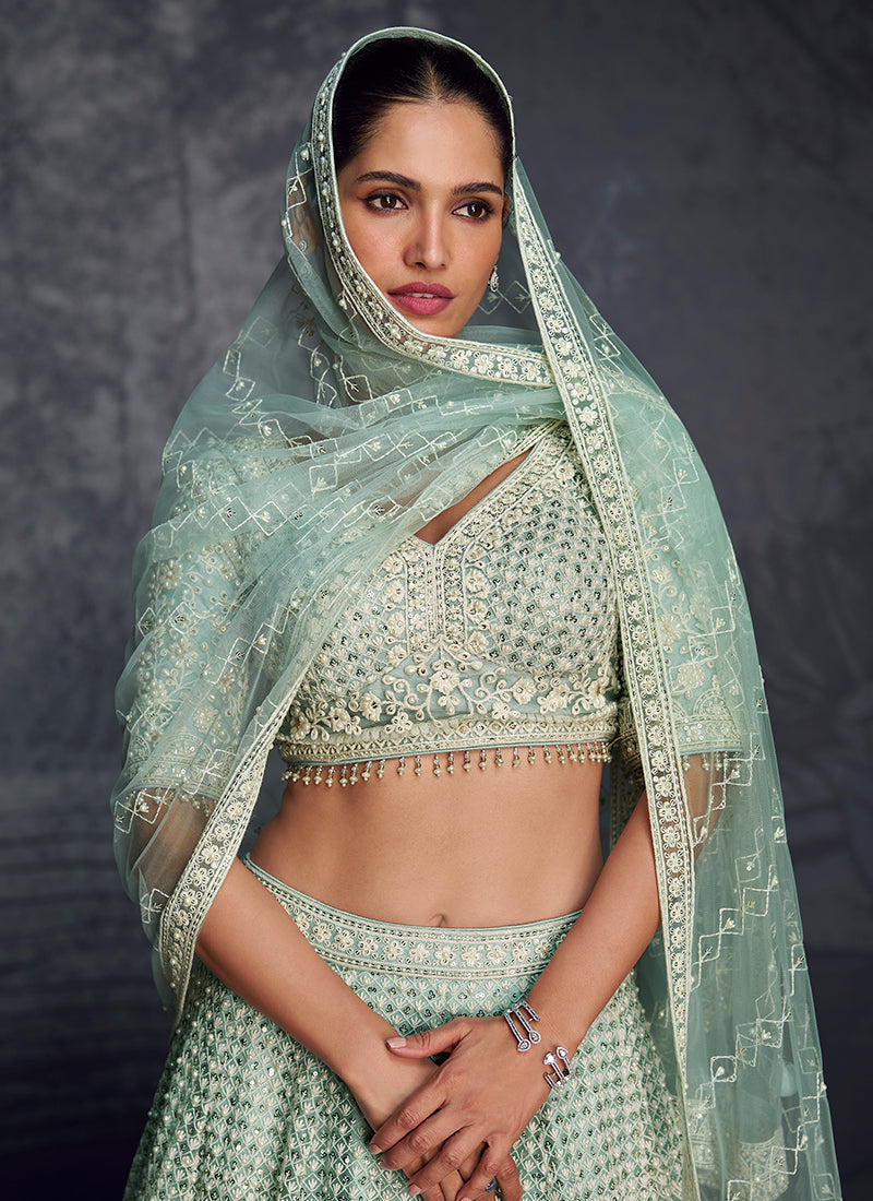 Mint Green Traditional Embroidered Bridal Lehenga Choli