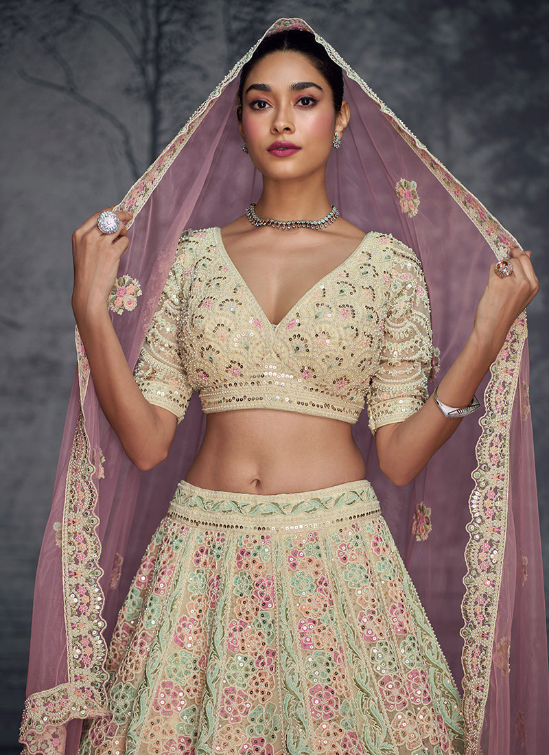 Pink And Green Traditional Embroidered Bridal Lehenga Choli