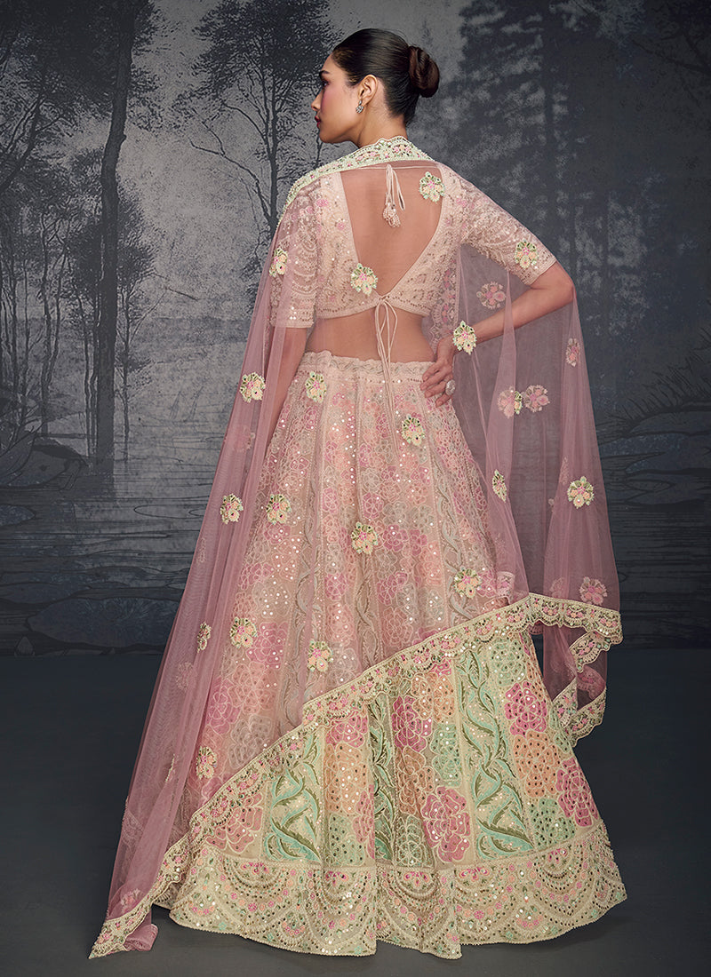 Pink And Green Traditional Embroidered Bridal Lehenga Choli