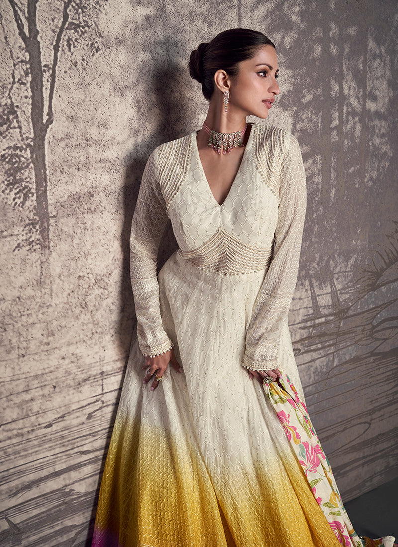 Off White Ombré Embroidery Anarkali Gown Dress