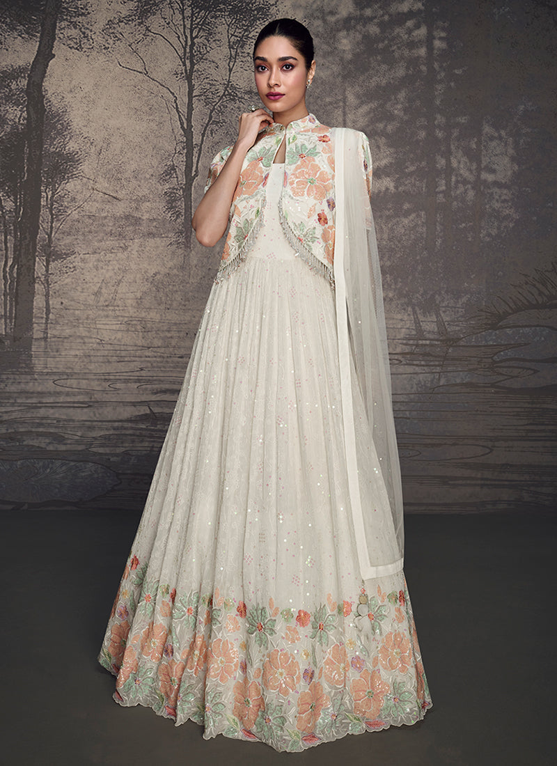 Pearl White Floral Embroidery Jacket Style Anarkali Gown variyav Pearl White Floral Embroidery Jacket Style Anarkali Gown variyav