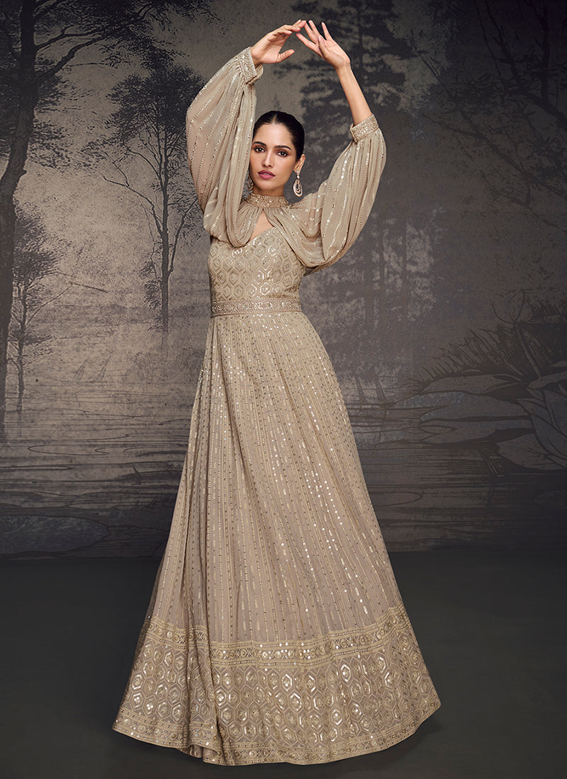 Beige Golden Embroidered Georgette Anarkali Dress variyav Beige Golden Embroidered Georgette Anarkali Dress variyav