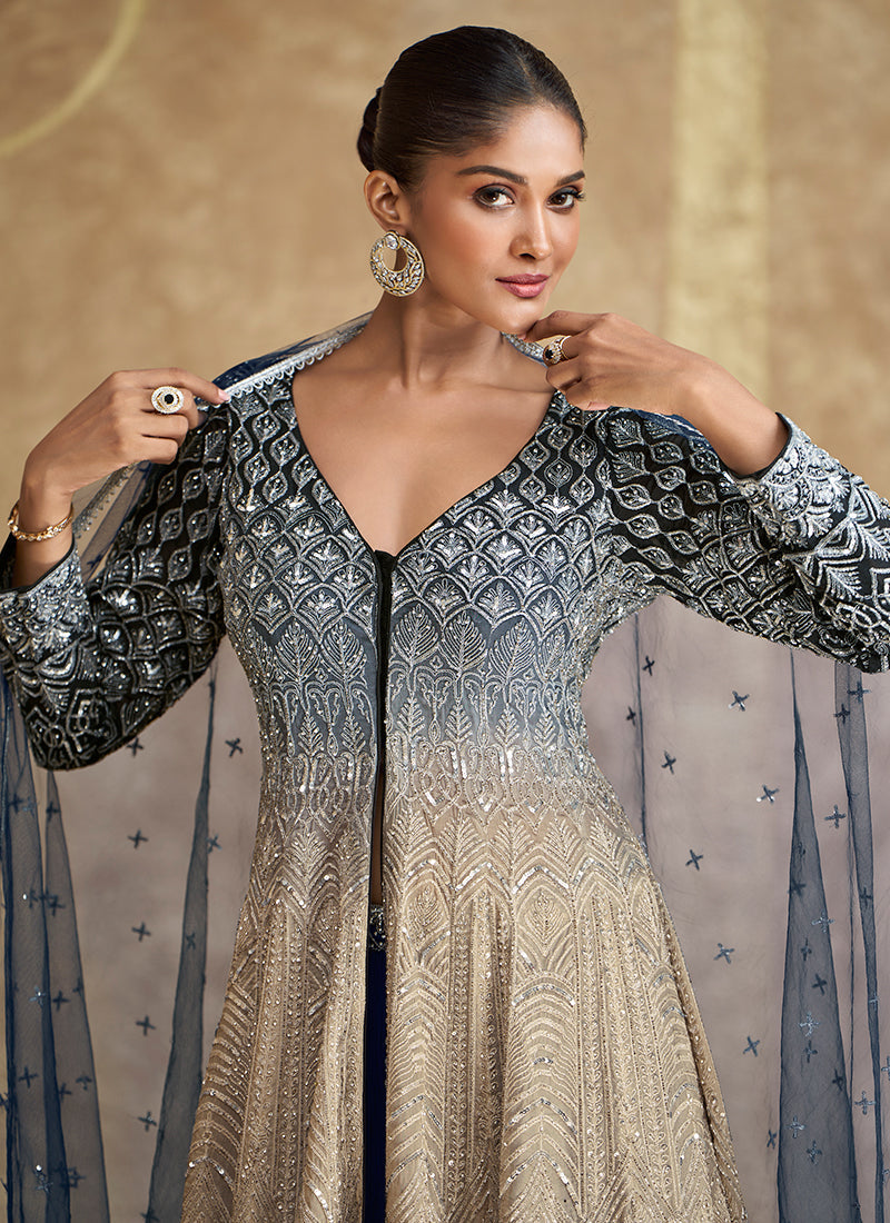 Blue Beige Ombré Embroidered Slit Style Anarkali Lehenga