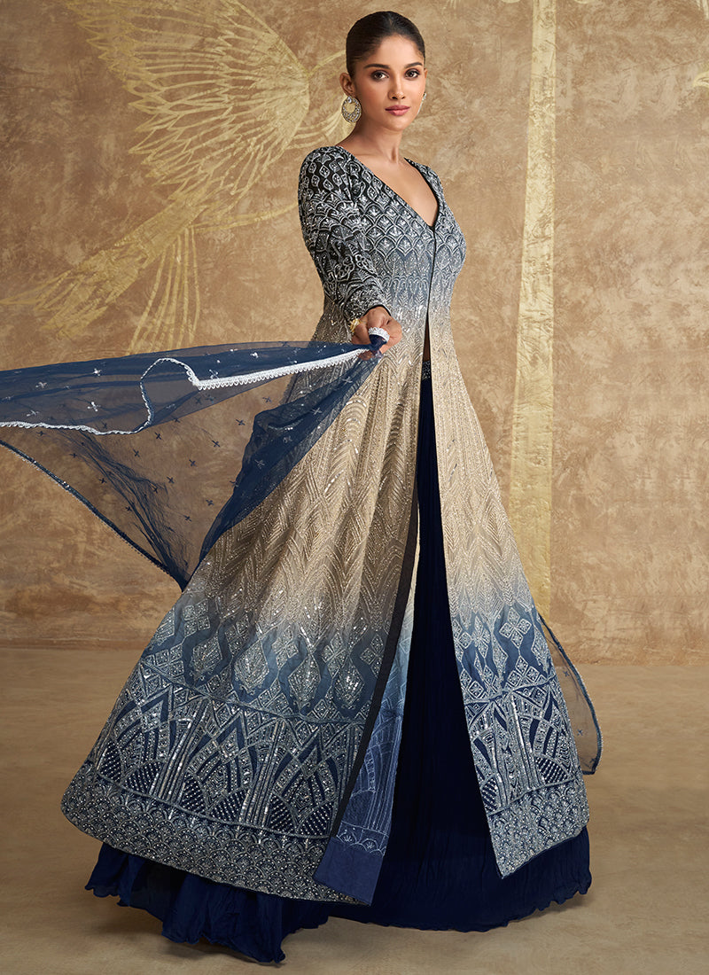 Blue Beige Ombré Embroidered Slit Style Anarkali Lehenga