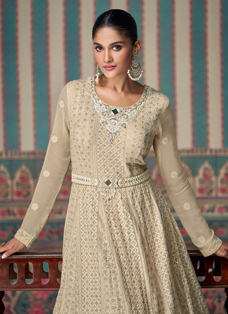 Beige Golden Chikankari Embroidery Festive Anarkali Dress