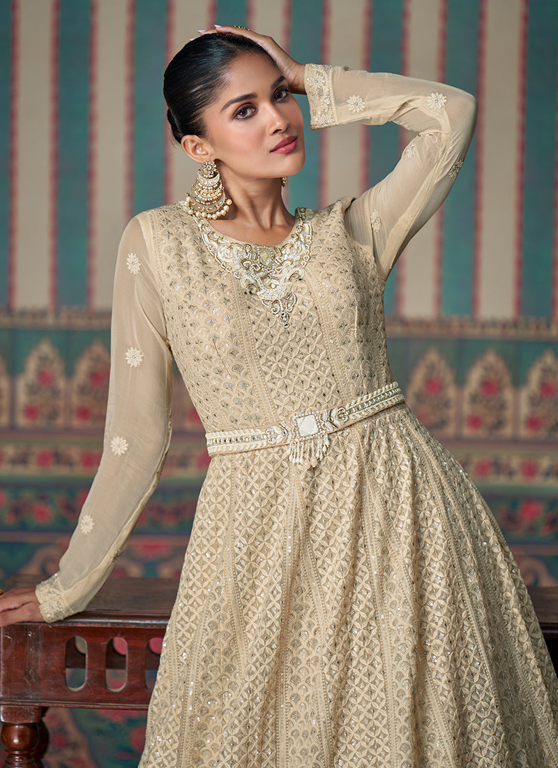 Beige Golden Chikankari Embroidery Festive Anarkali Dress