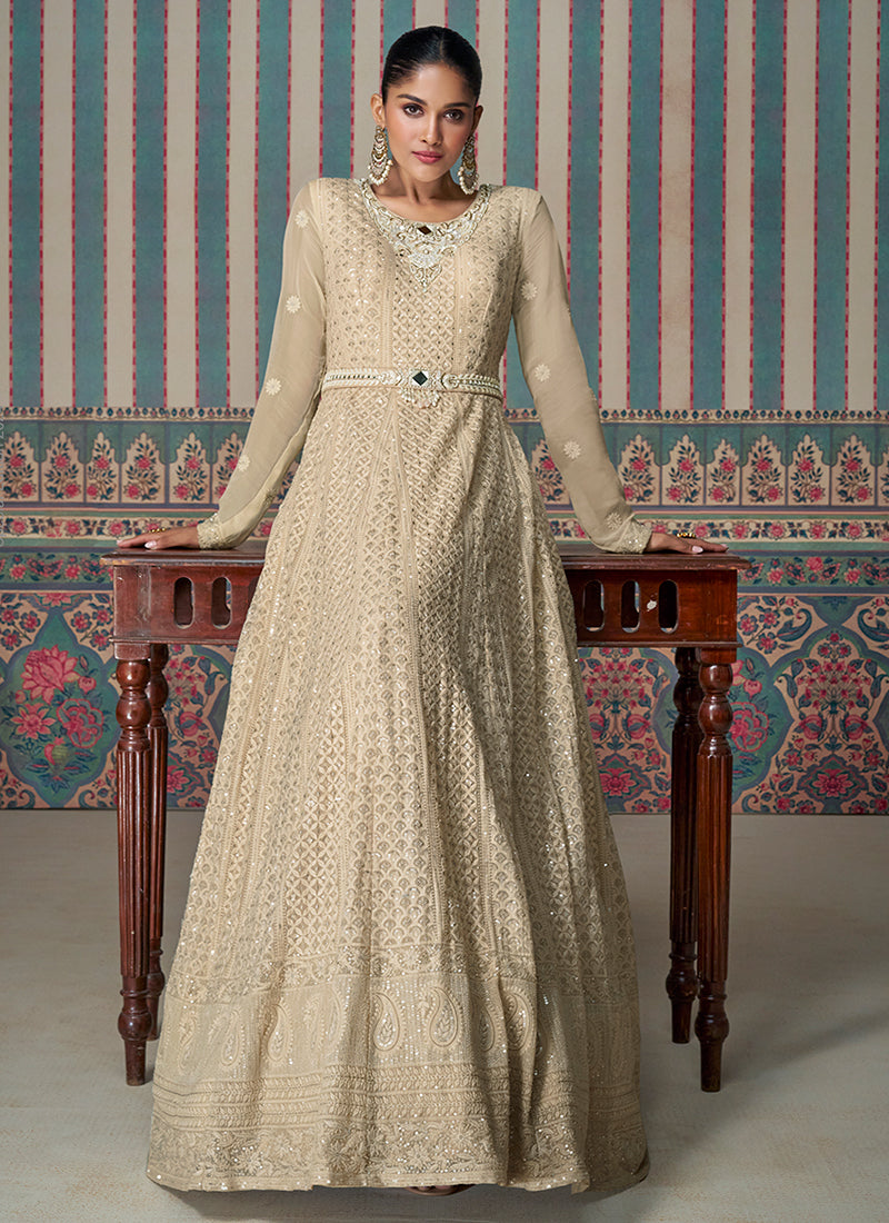 Beige Golden Chikankari Embroidery Festive Anarkali Dress